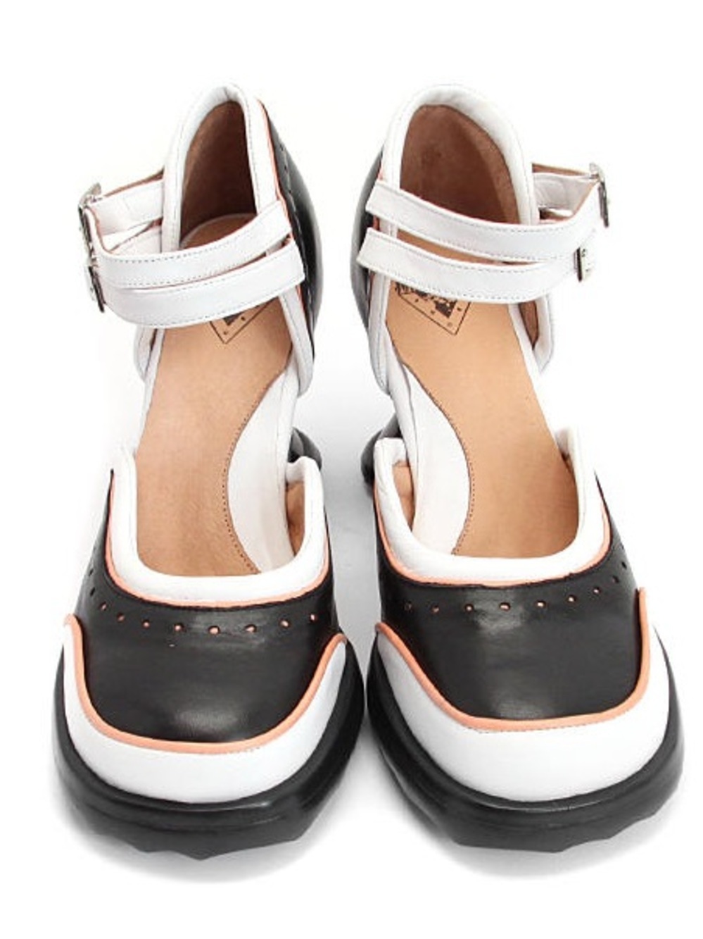 John Fluevog Mini Qtee Double Ankle-Strap Pumps Black, White Peach Trim Heels 10 - Picture 4 of 14